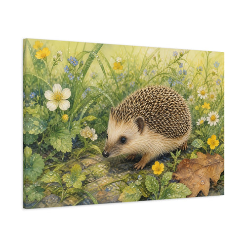 Main Mockup. Animals Hedgehog Hedgehog Wildflowers shown as canvas print