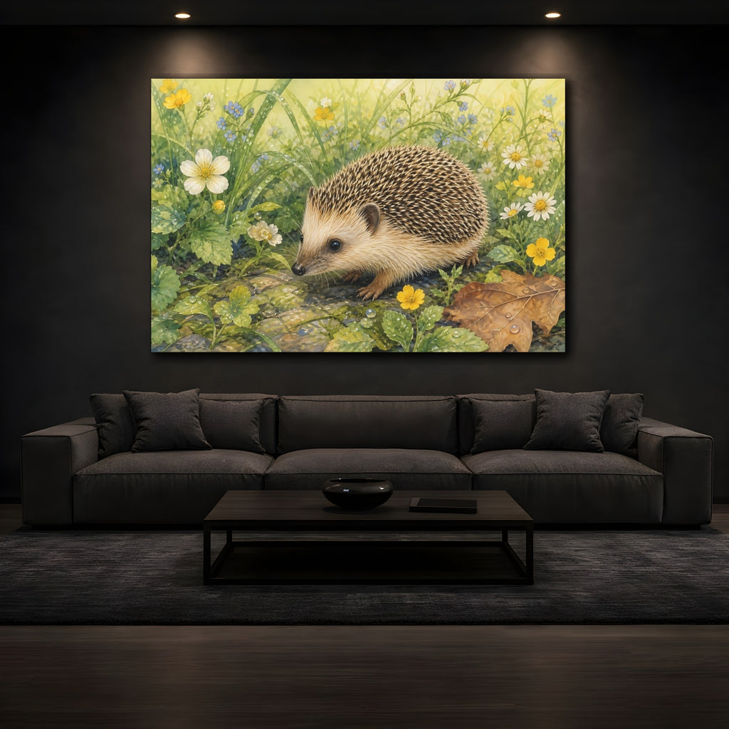 Mockup 3. Animals Hedgehog Hedgehog Wildflowers shown as canvas print