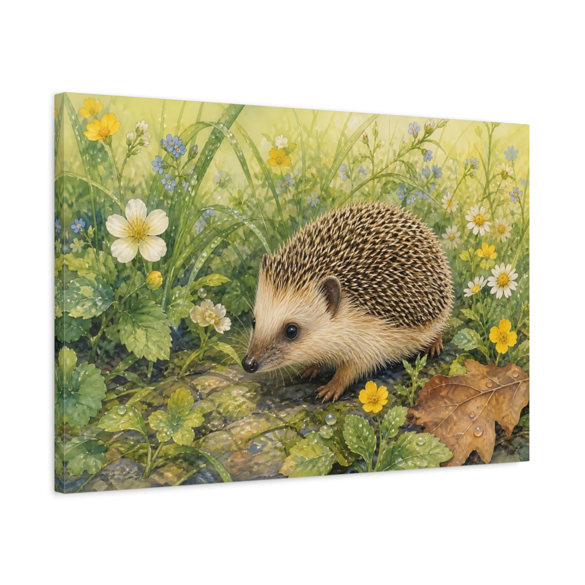 Side Mockup 2. Animals Hedgehog Hedgehog Wildflowers shown as canvas print