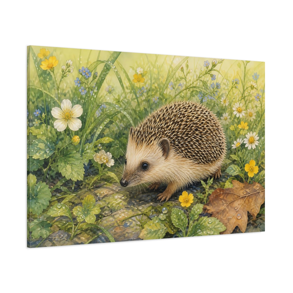 Side Mockup 1. Animals Hedgehog Hedgehog Wildflowers shown as canvas print