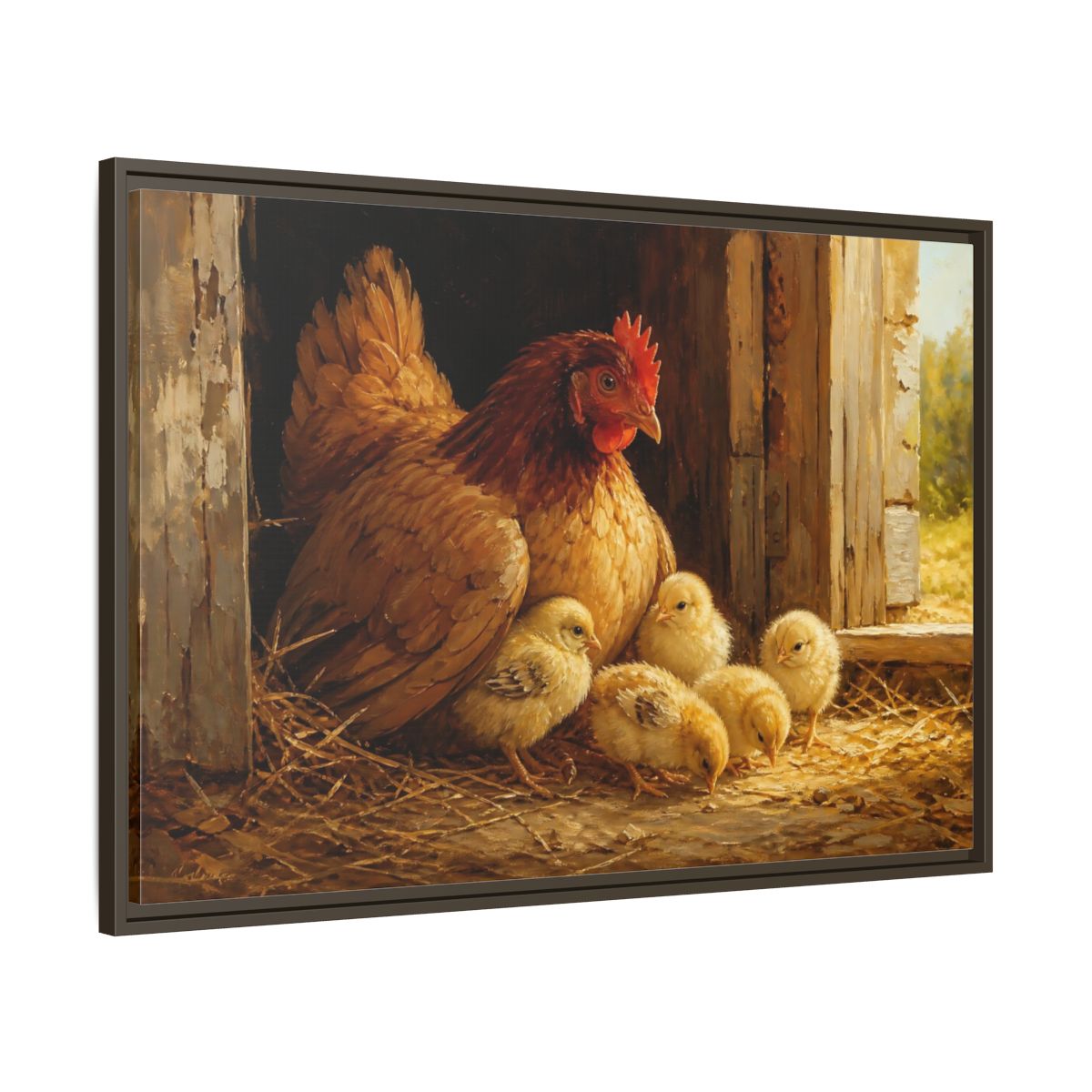 Main Mockup. Animals Hen And Chicks Brown And Yellow shown as stretched canvas wall art