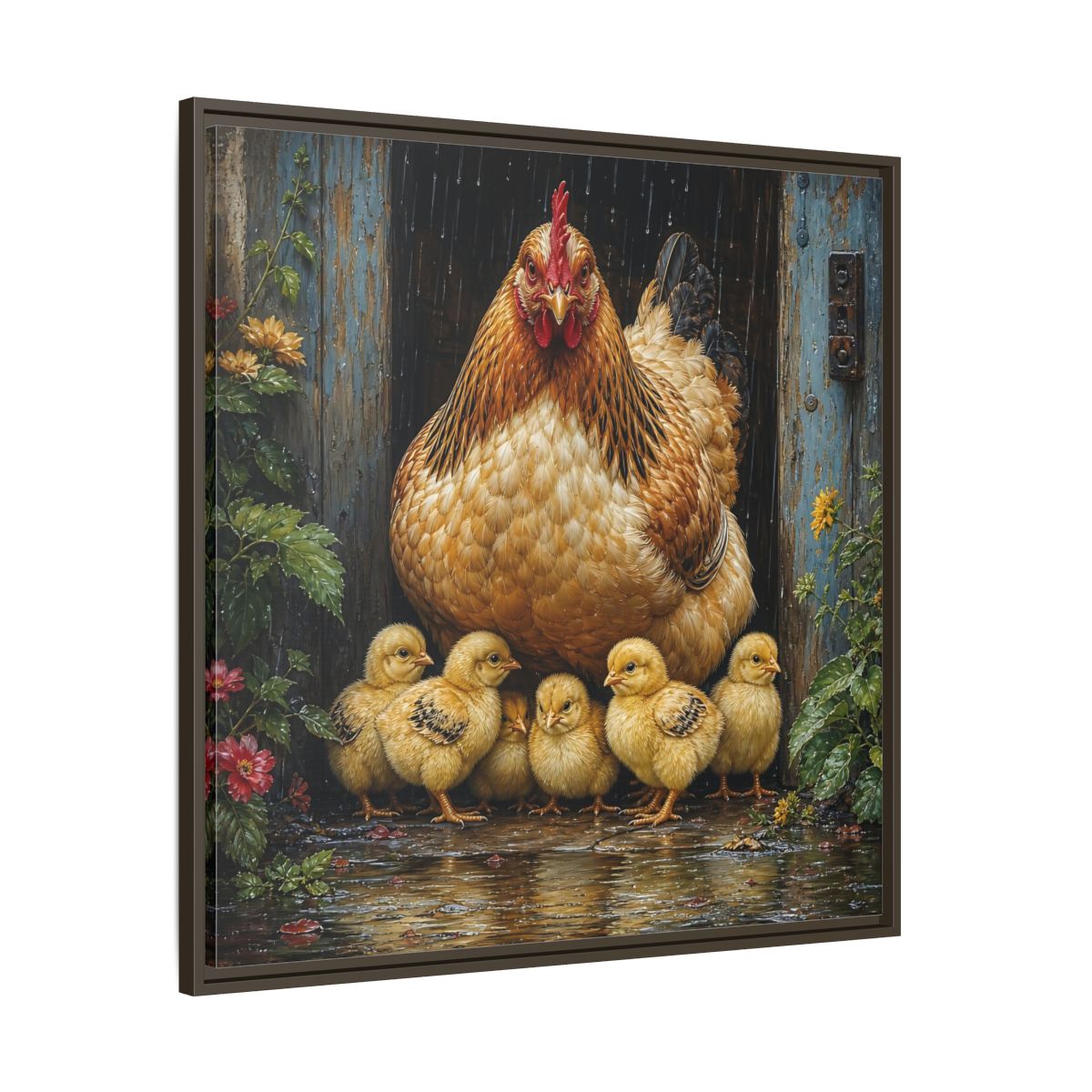Main Mockup. Animals Hen And Chicks Brown And Yellow Chicks shown as stretched canvas wall art