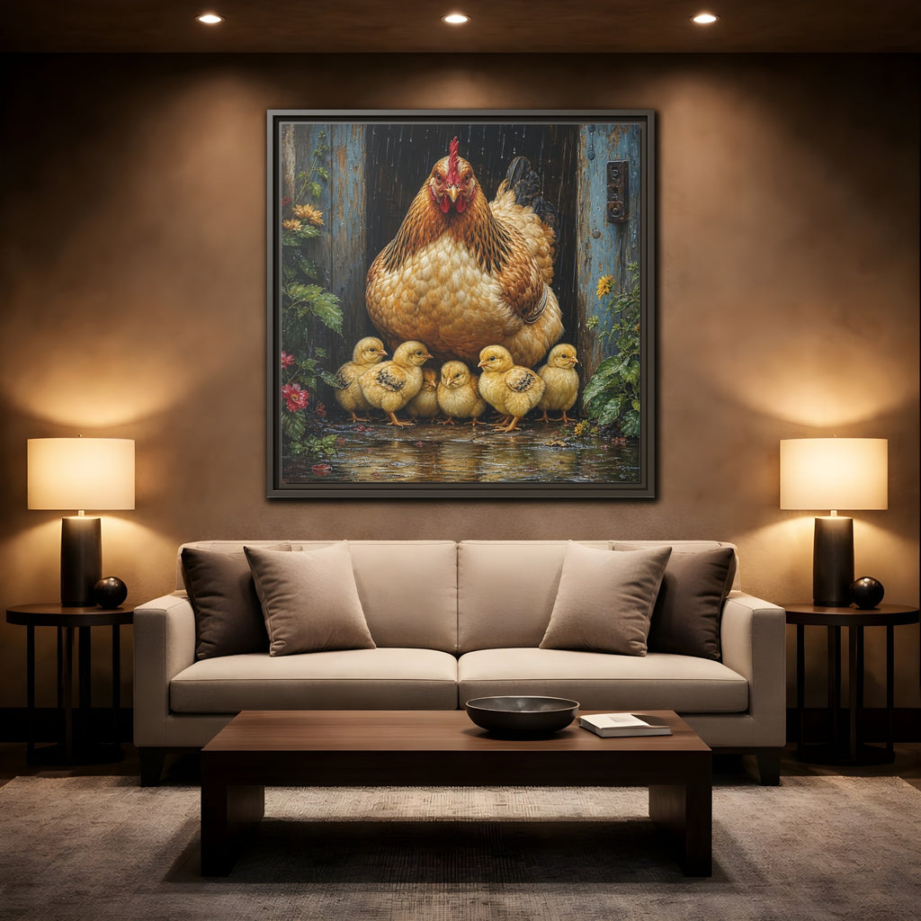 Mockup 2. Animals Hen And Chicks Brown And Yellow Chicks shown as stretched canvas wall art