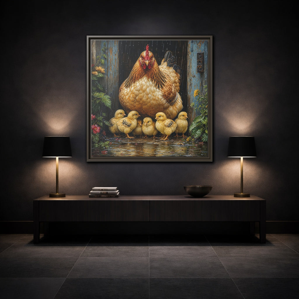 Mockup 3. Animals Hen And Chicks Brown And Yellow Chicks shown as stretched canvas wall art