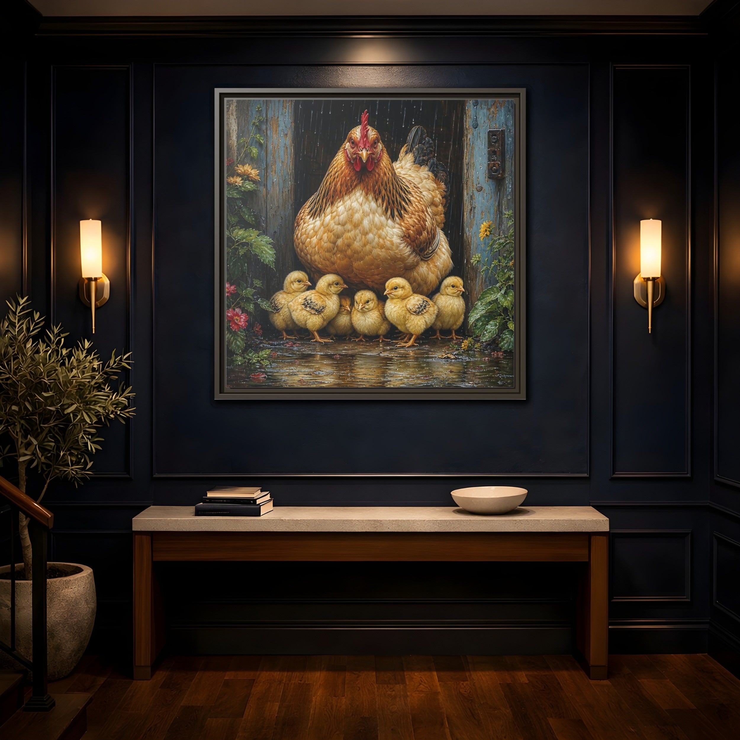 Mockup 4. Animals Hen And Chicks Brown And Yellow Chicks shown as stretched canvas wall art