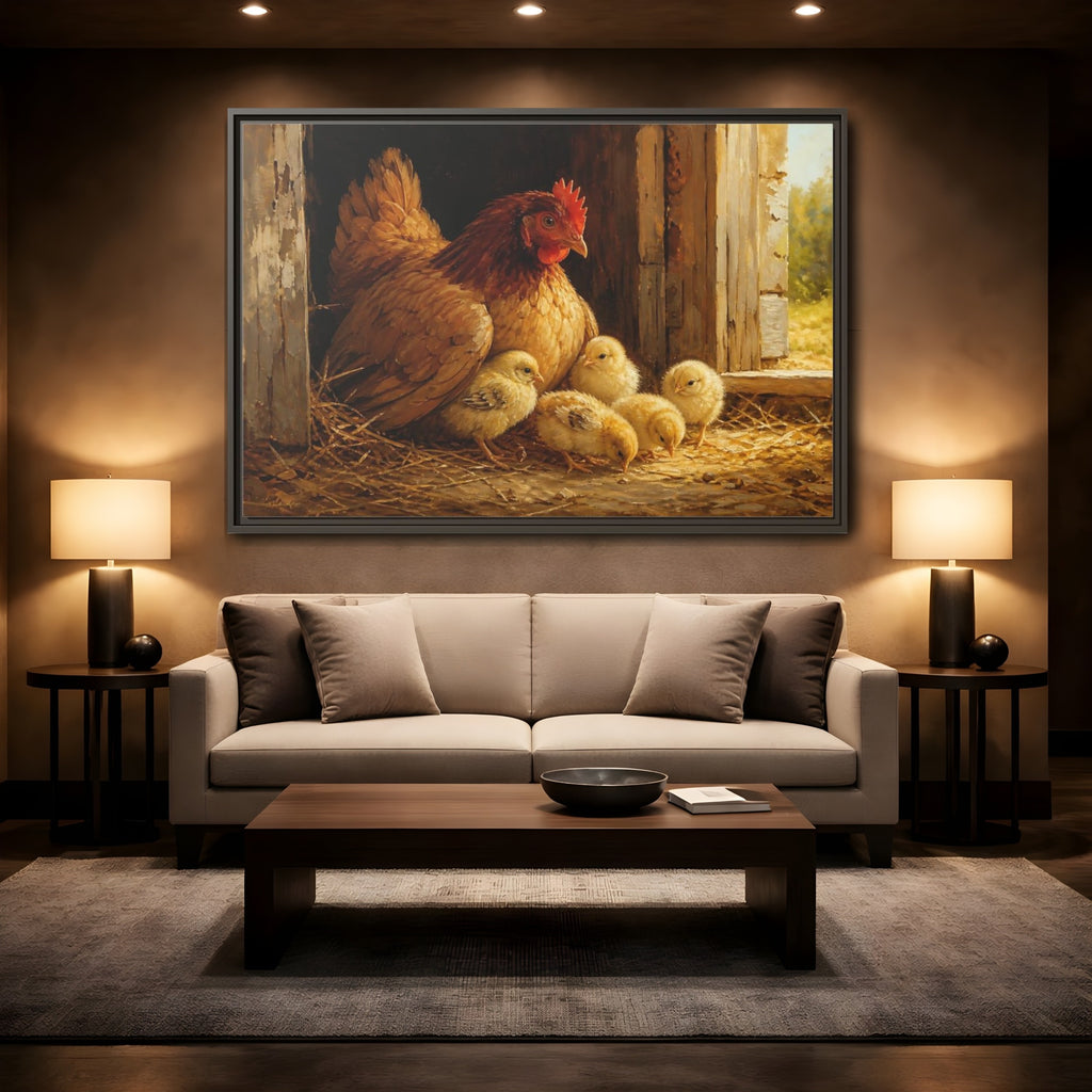 Mockup 2. Animals Hen And Chicks Brown And Yellow shown as stretched canvas wall art