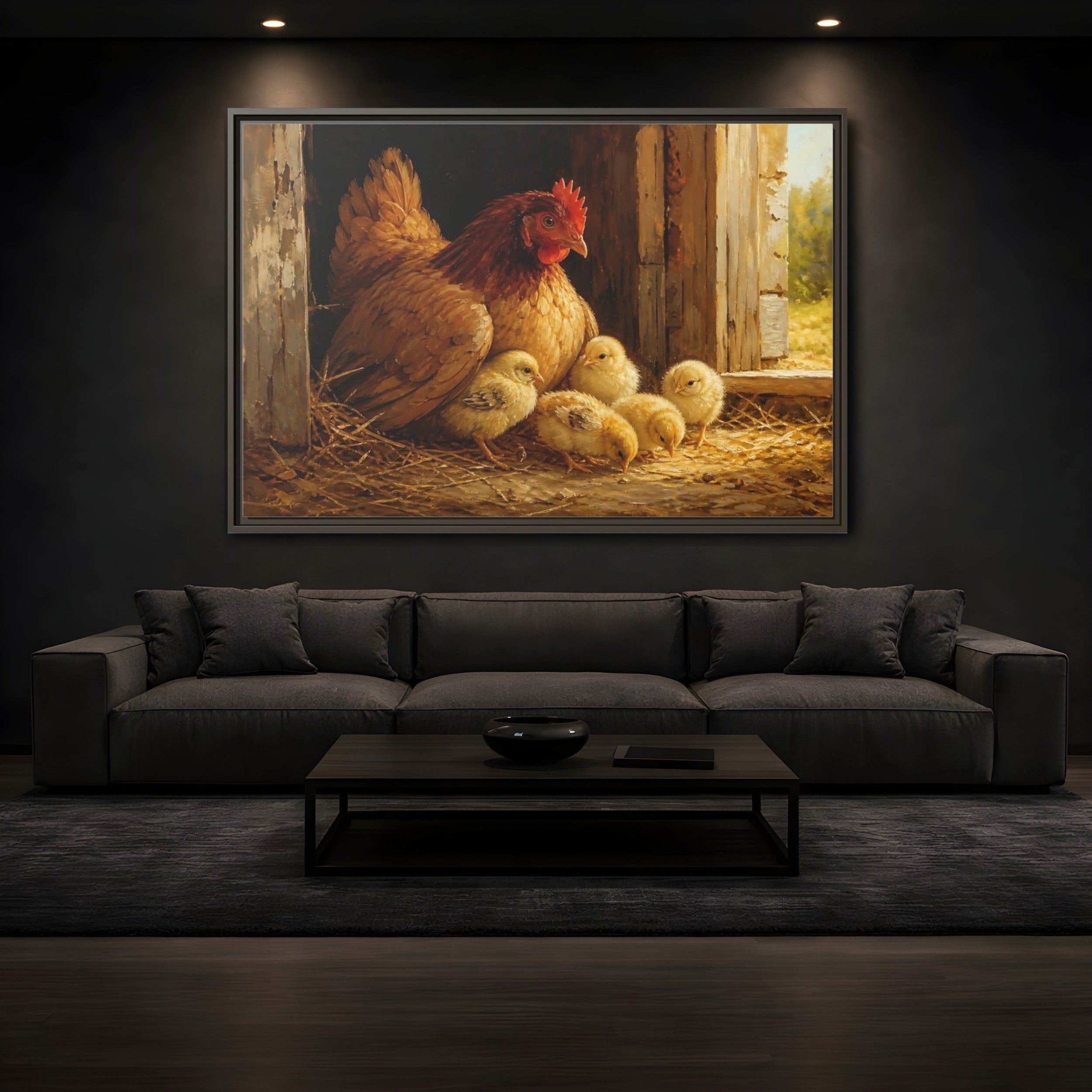 Mockup 3. Animals Hen And Chicks Brown And Yellow shown as stretched canvas wall art
