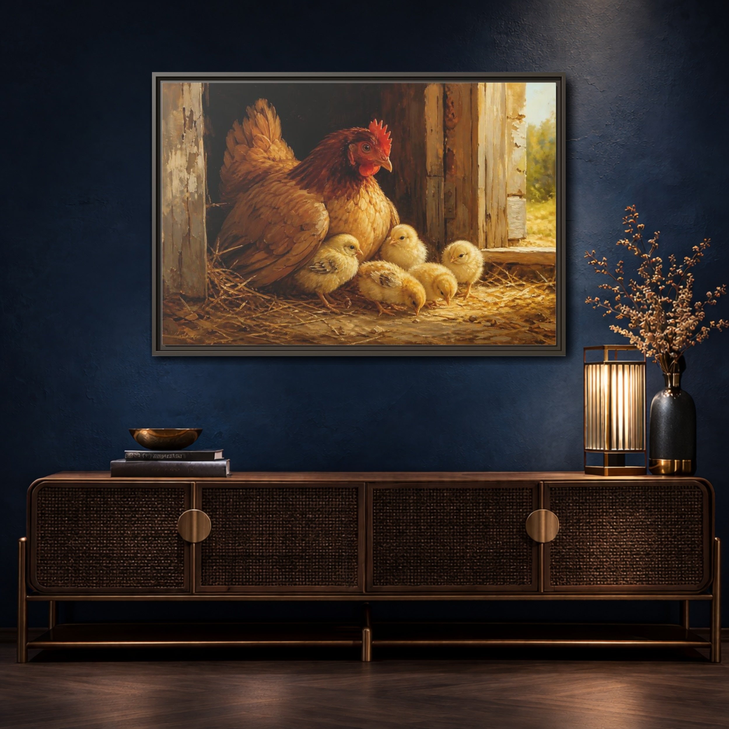 Mockup 4. Animals Hen And Chicks Brown And Yellow shown as stretched canvas wall art