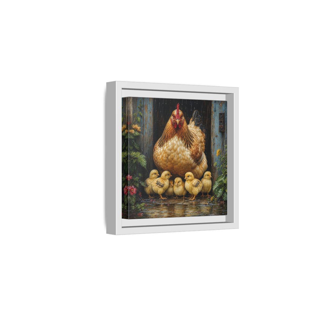 Side Mockup 1. Animals Hen And Chicks Brown And Yellow Chicks shown as stretched canvas wall art
