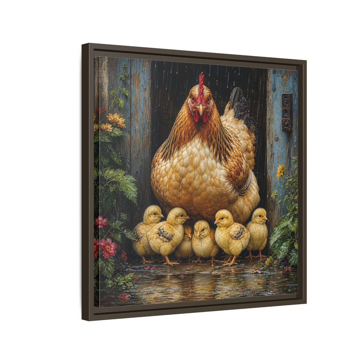 Side Mockup 11. Animals Hen And Chicks Brown And Yellow Chicks shown as stretched canvas wall art