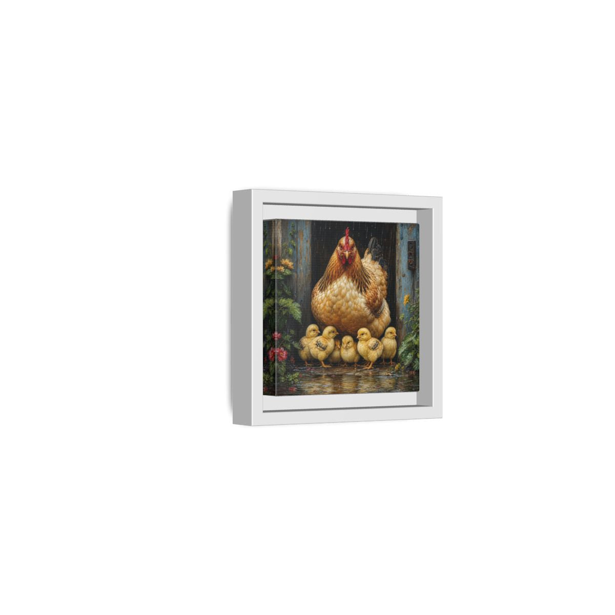 Side Mockup 22. Animals Hen And Chicks Brown And Yellow Chicks shown as stretched canvas wall art