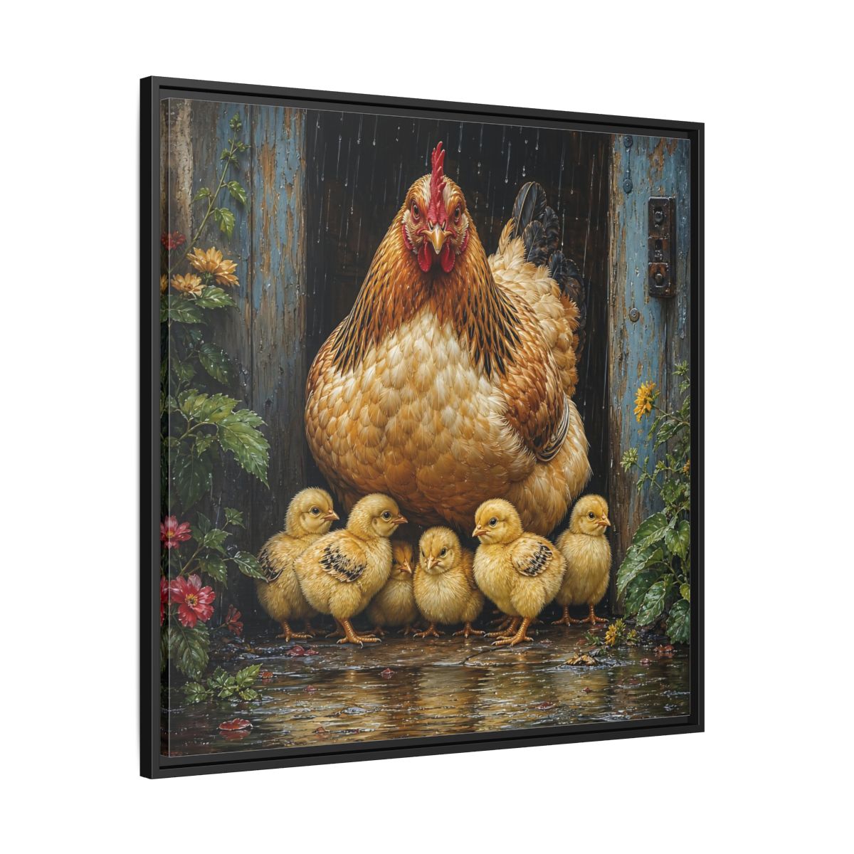 Side Mockup 30. Animals Hen And Chicks Brown And Yellow Chicks shown as stretched canvas wall art