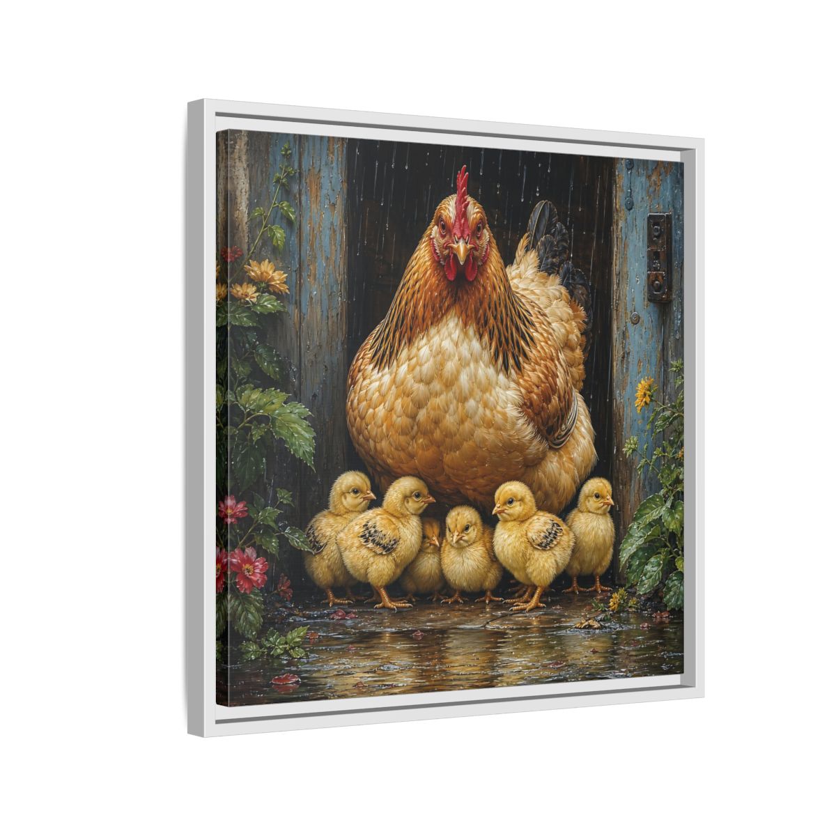 Side Mockup 10. Animals Hen And Chicks Brown And Yellow Chicks shown as stretched canvas wall art