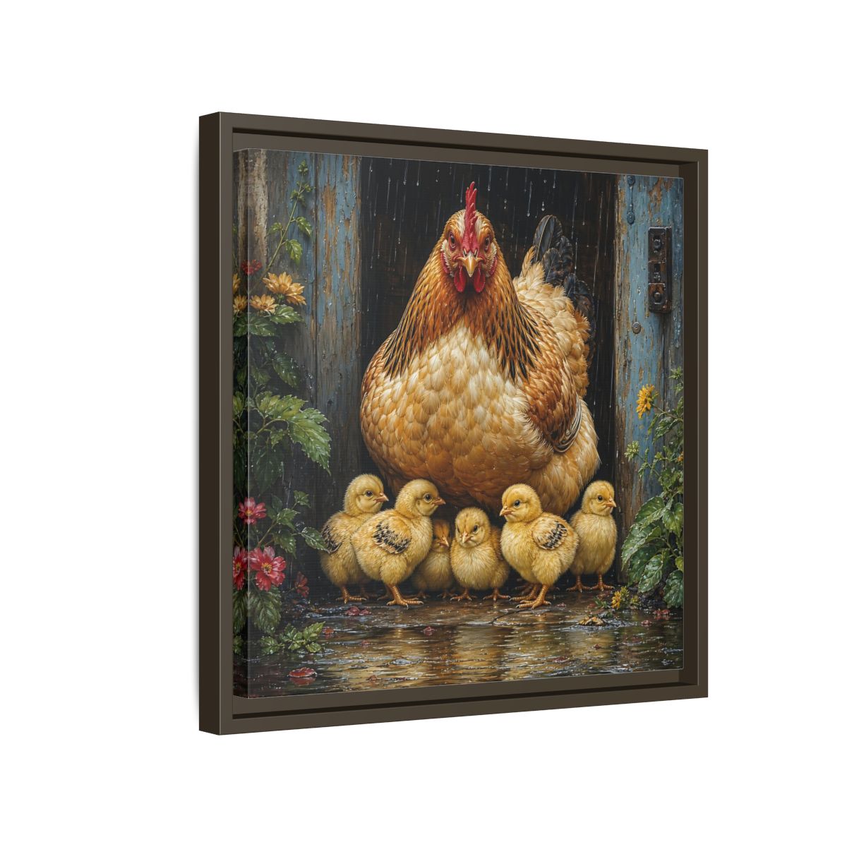 Side Mockup 14. Animals Hen And Chicks Brown And Yellow Chicks shown as stretched canvas wall art