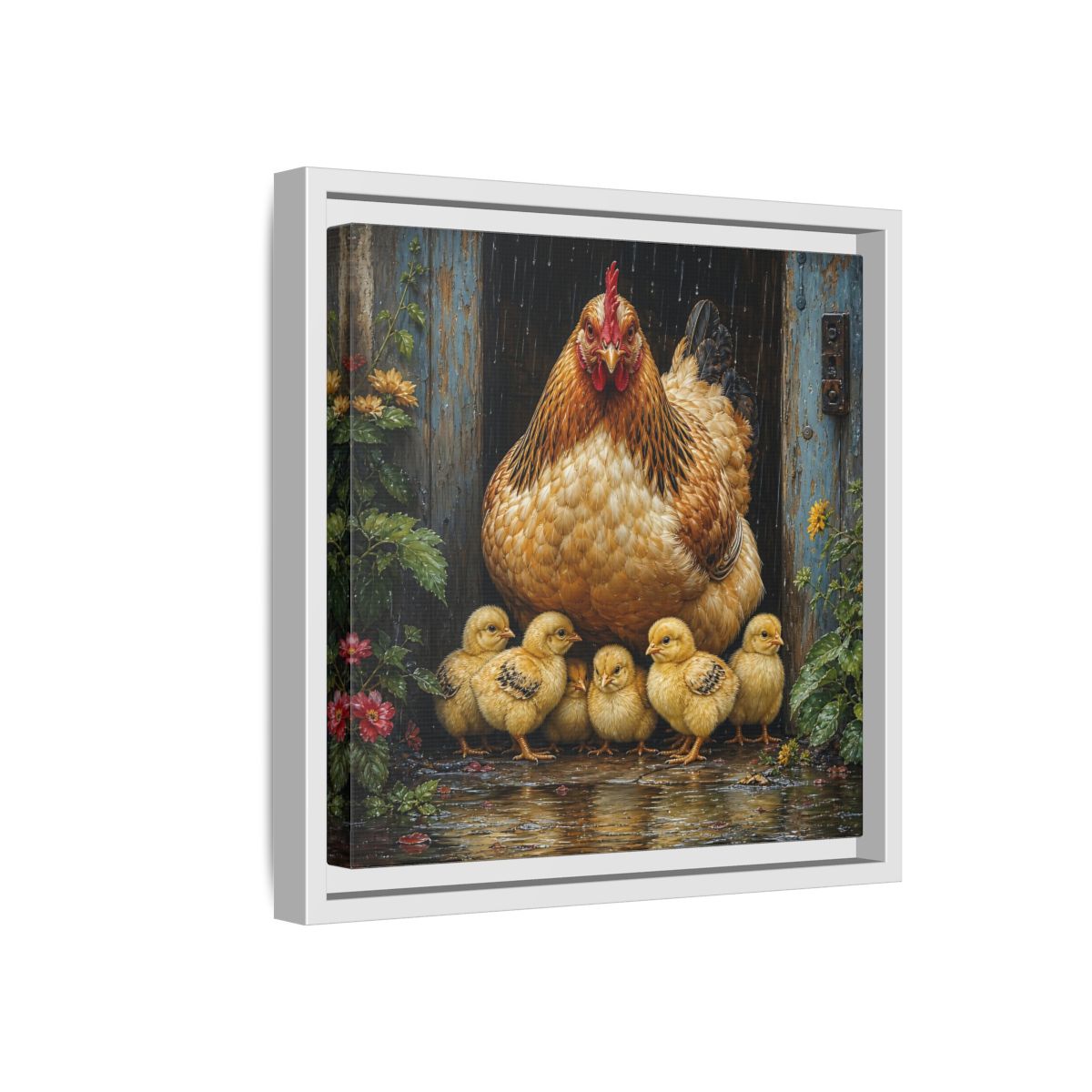 Side Mockup 16. Animals Hen And Chicks Brown And Yellow Chicks shown as stretched canvas wall art