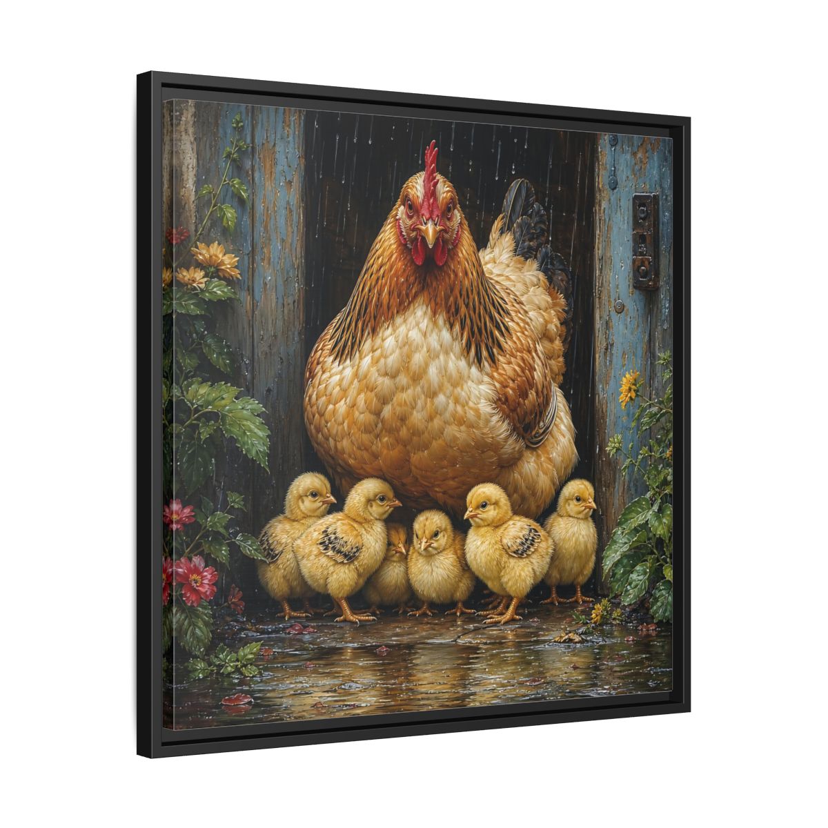 Side Mockup 31. Animals Hen And Chicks Brown And Yellow Chicks shown as stretched canvas wall art