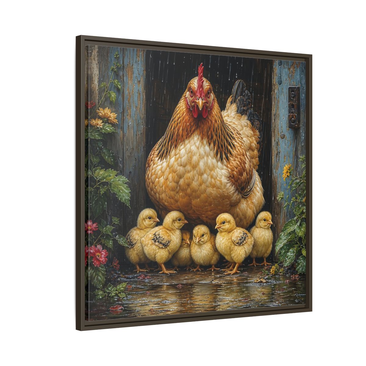 Side Mockup 8. Animals Hen And Chicks Brown And Yellow Chicks shown as stretched canvas wall art