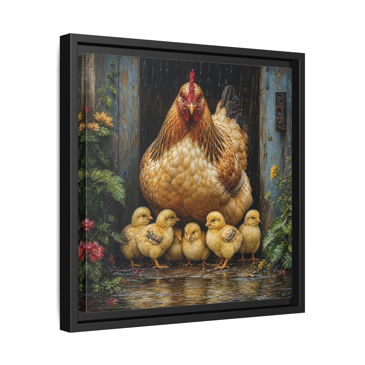 Side Mockup 32. Animals Hen And Chicks Brown And Yellow Chicks shown as stretched canvas wall art