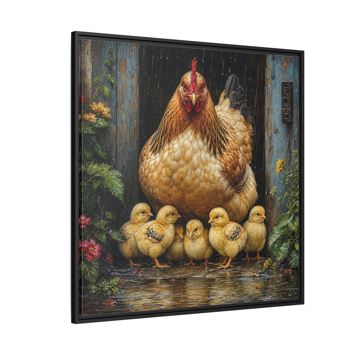 Side Mockup 6. Animals Hen And Chicks Brown And Yellow Chicks shown as stretched canvas wall art
