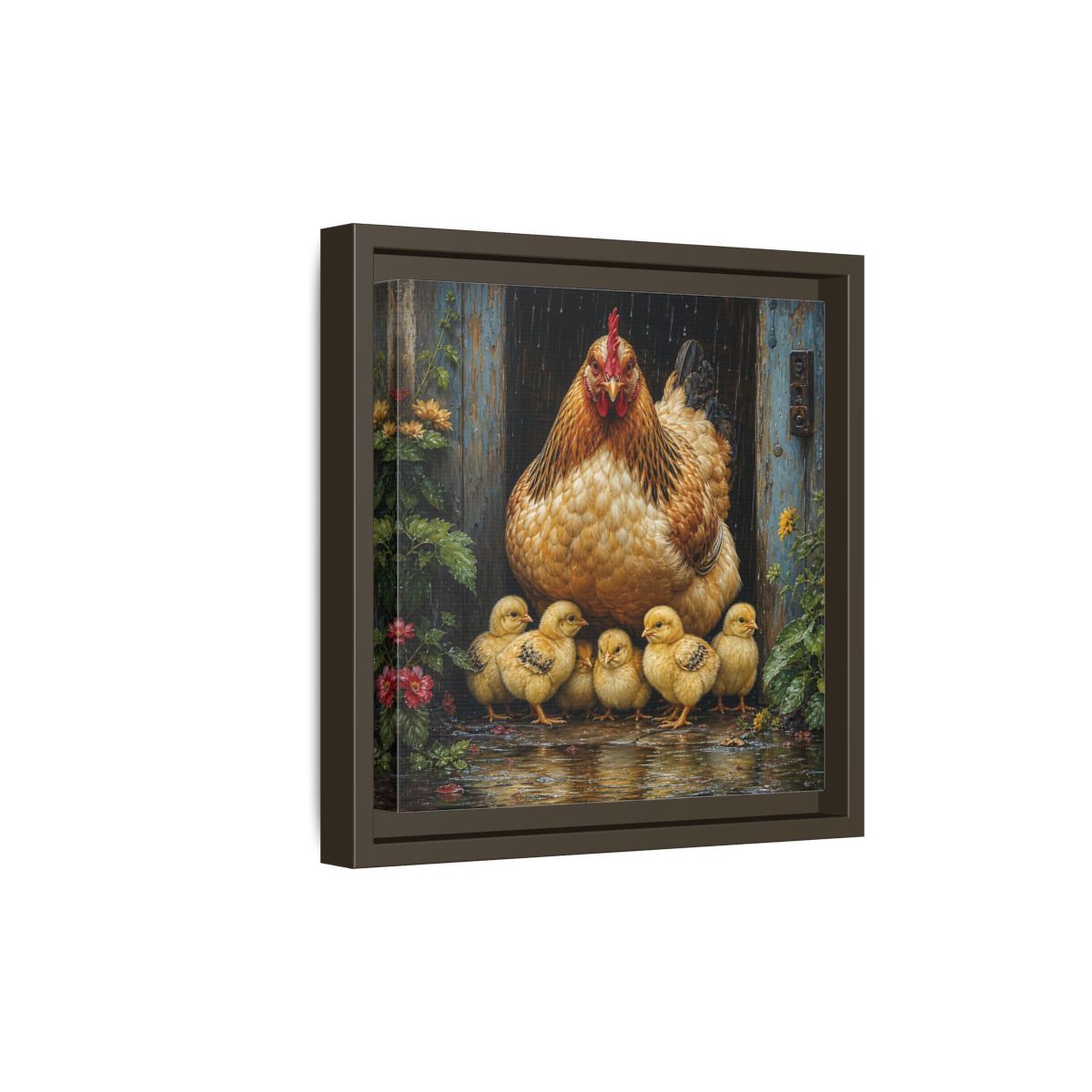 Side Mockup 20. Animals Hen And Chicks Brown And Yellow Chicks shown as stretched canvas wall art