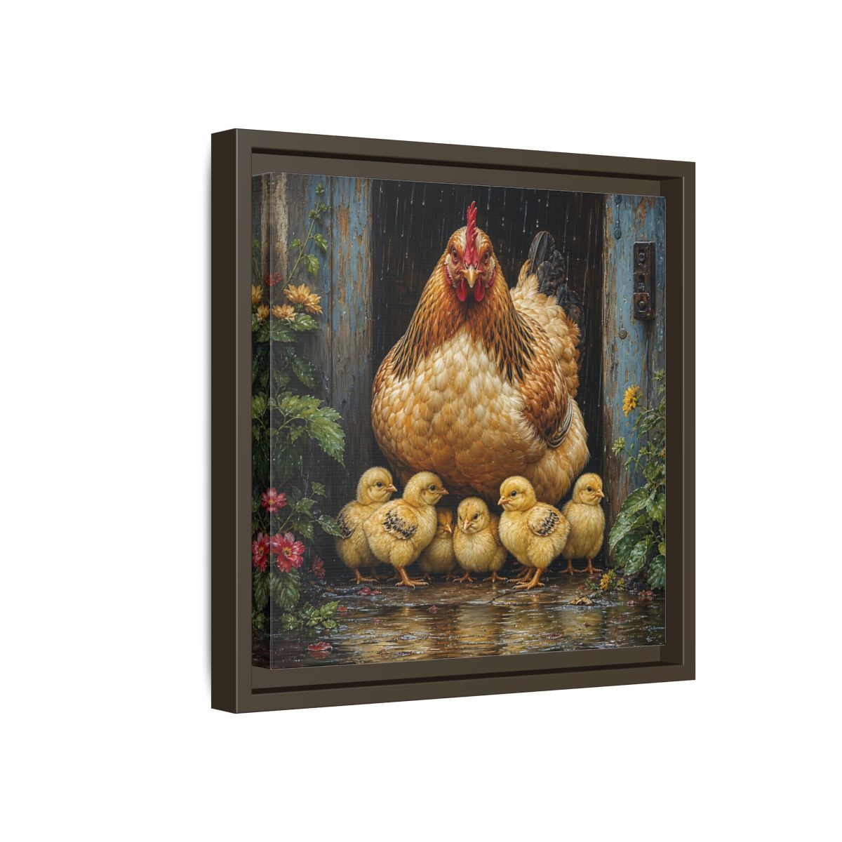 Side Mockup 17. Animals Hen And Chicks Brown And Yellow Chicks shown as stretched canvas wall art