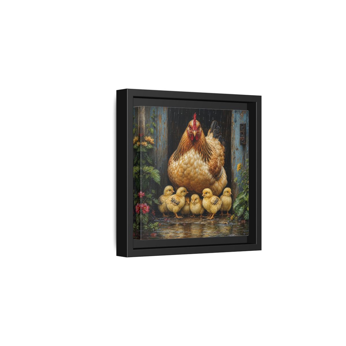 Side Mockup 3. Animals Hen And Chicks Brown And Yellow Chicks shown as stretched canvas wall art