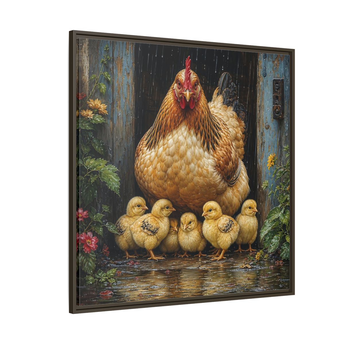 Side Mockup 5. Animals Hen And Chicks Brown And Yellow Chicks shown as stretched canvas wall art