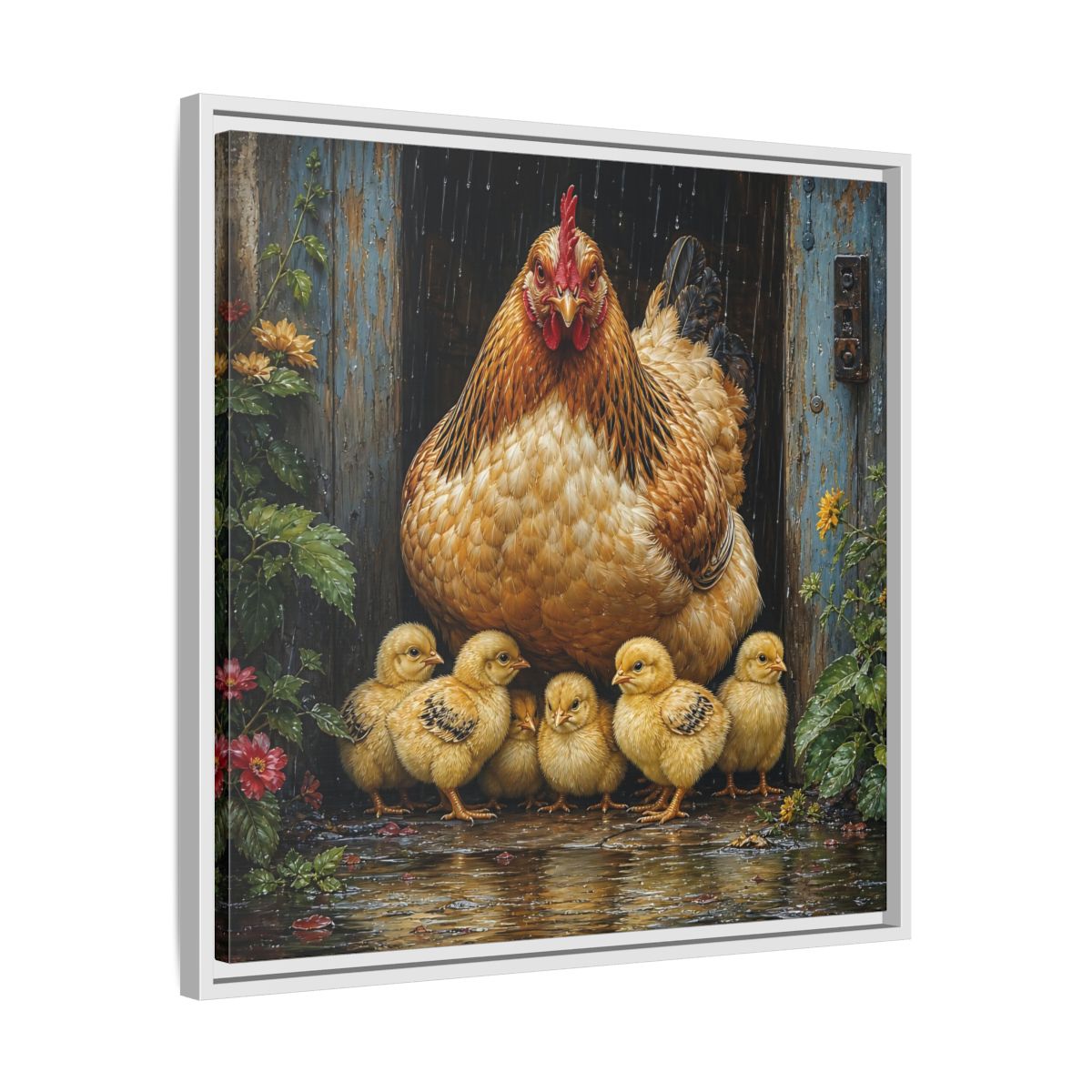 Side Mockup 26. Animals Hen And Chicks Brown And Yellow Chicks shown as stretched canvas wall art