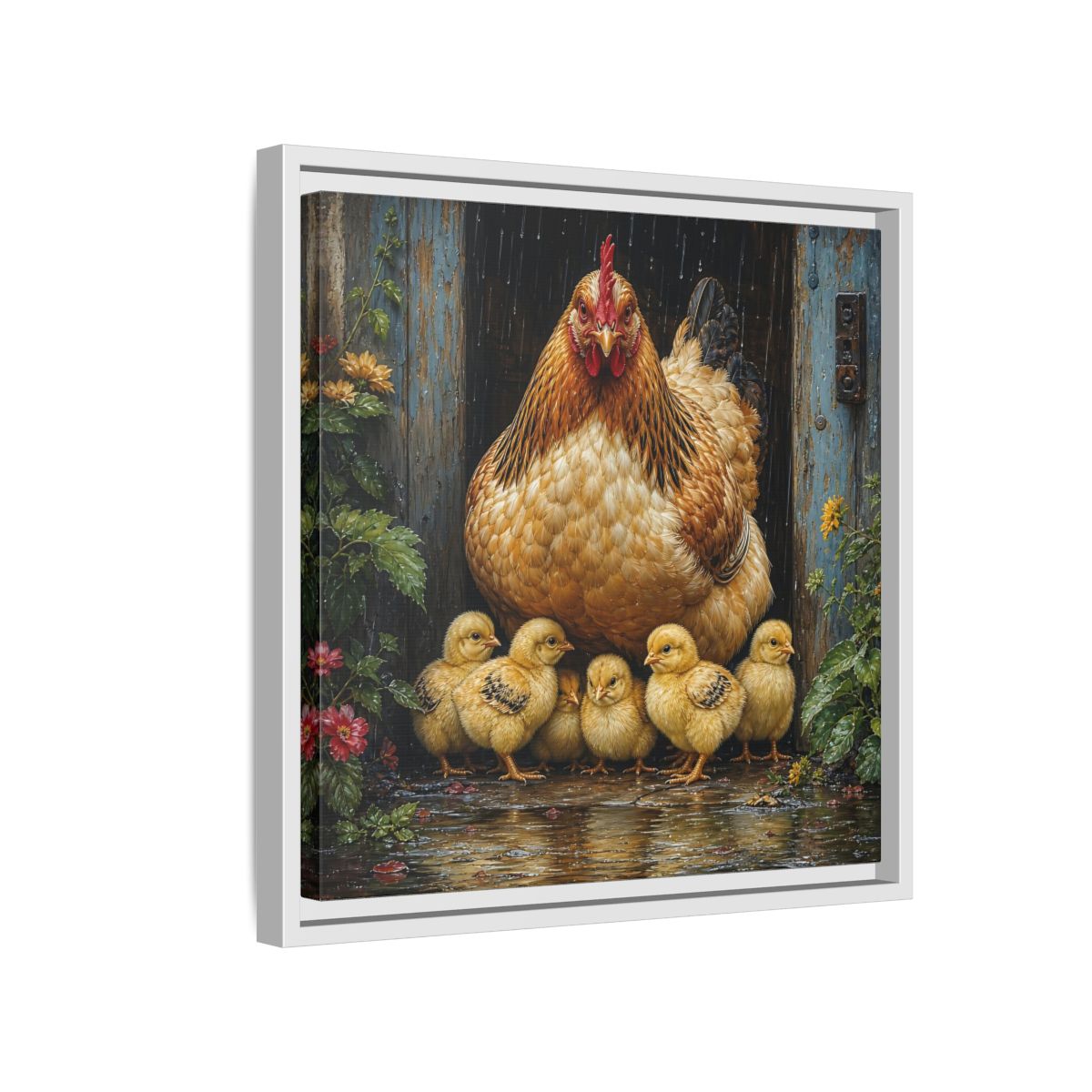 Side Mockup 13. Animals Hen And Chicks Brown And Yellow Chicks shown as stretched canvas wall art