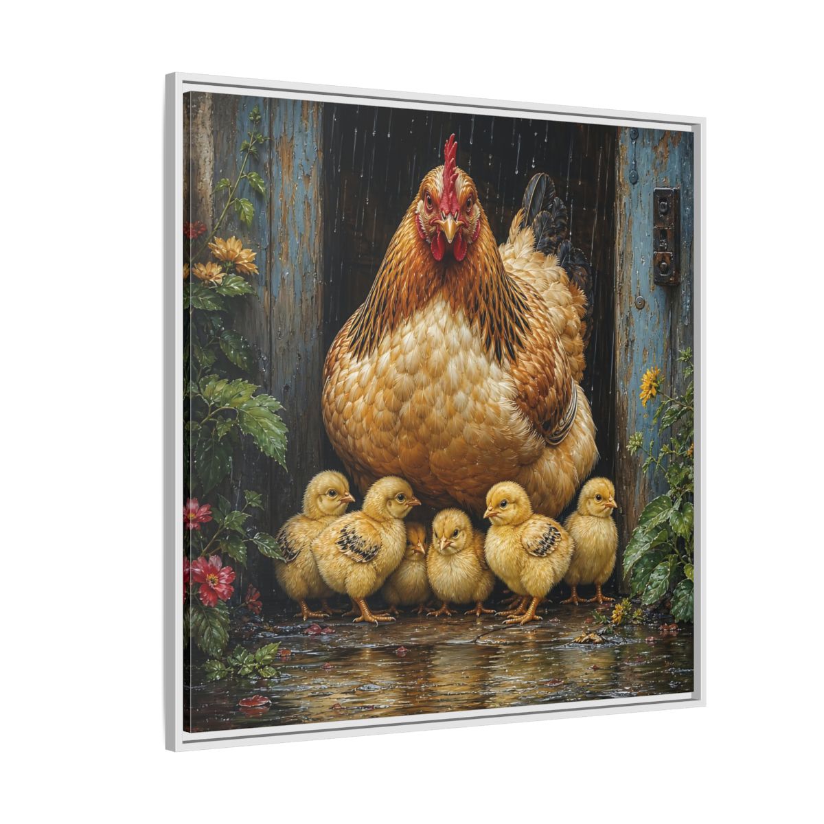 Side Mockup 4. Animals Hen And Chicks Brown And Yellow Chicks shown as stretched canvas wall art