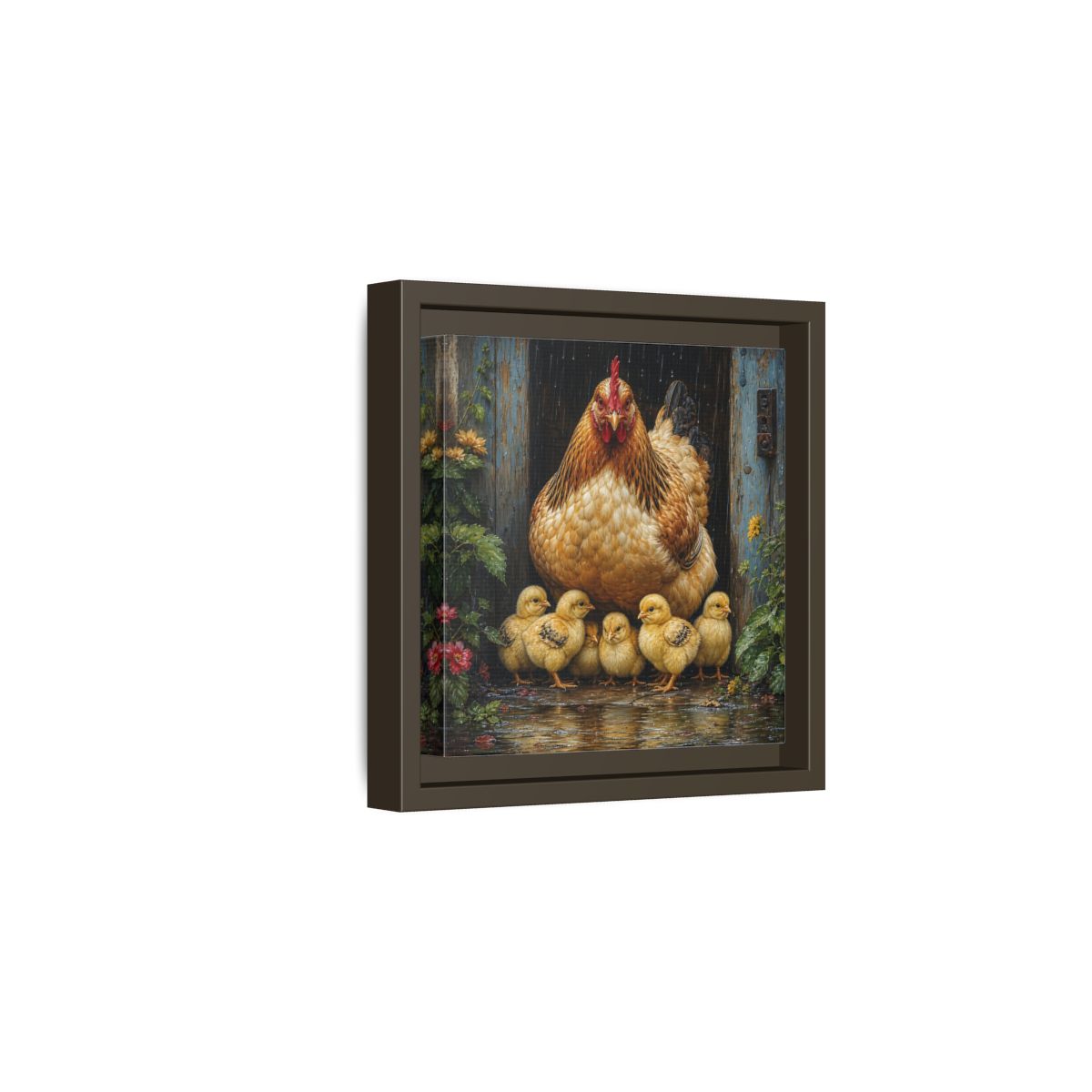 Side Mockup 2. Animals Hen And Chicks Brown And Yellow Chicks shown as stretched canvas wall art