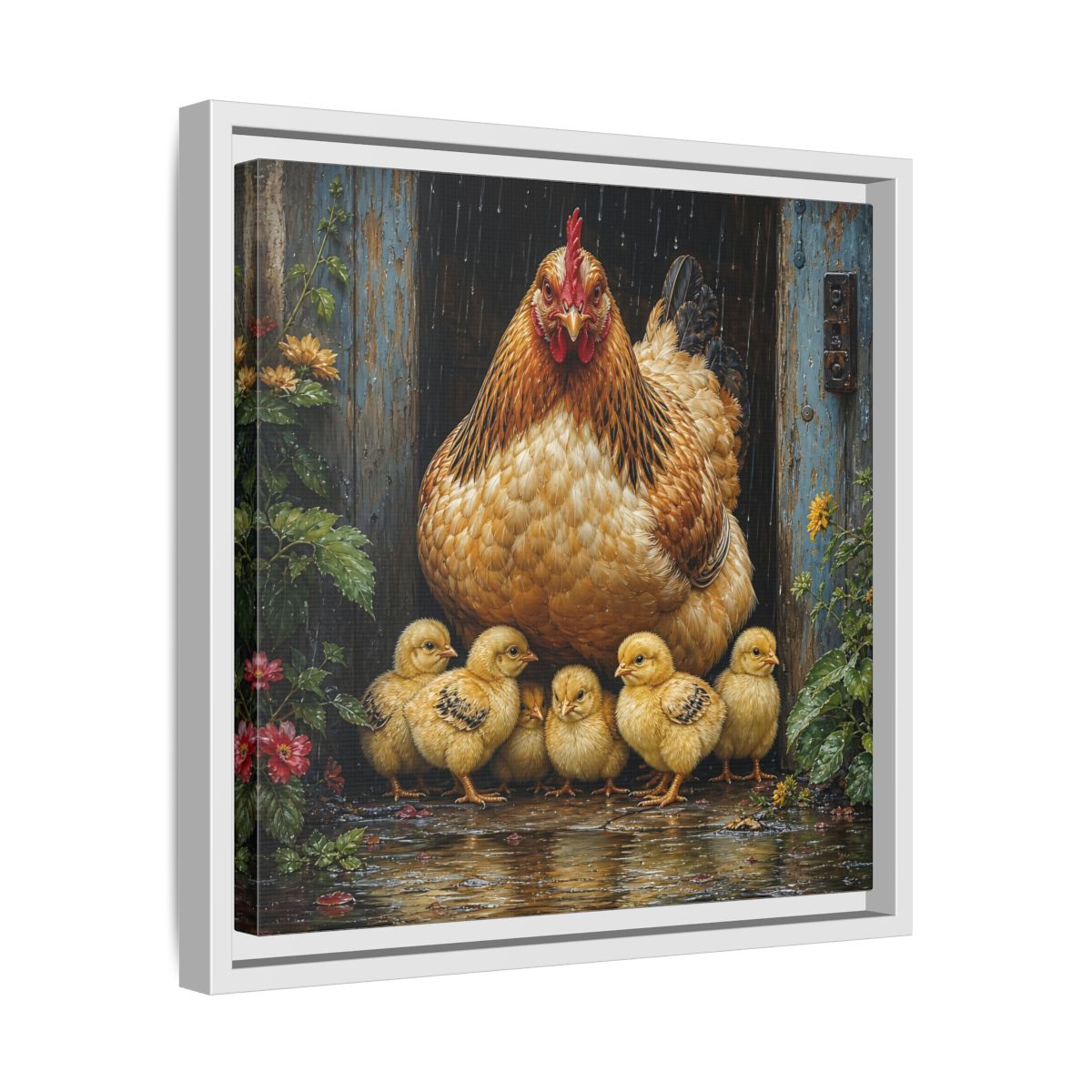Side Mockup 28. Animals Hen And Chicks Brown And Yellow Chicks shown as stretched canvas wall art