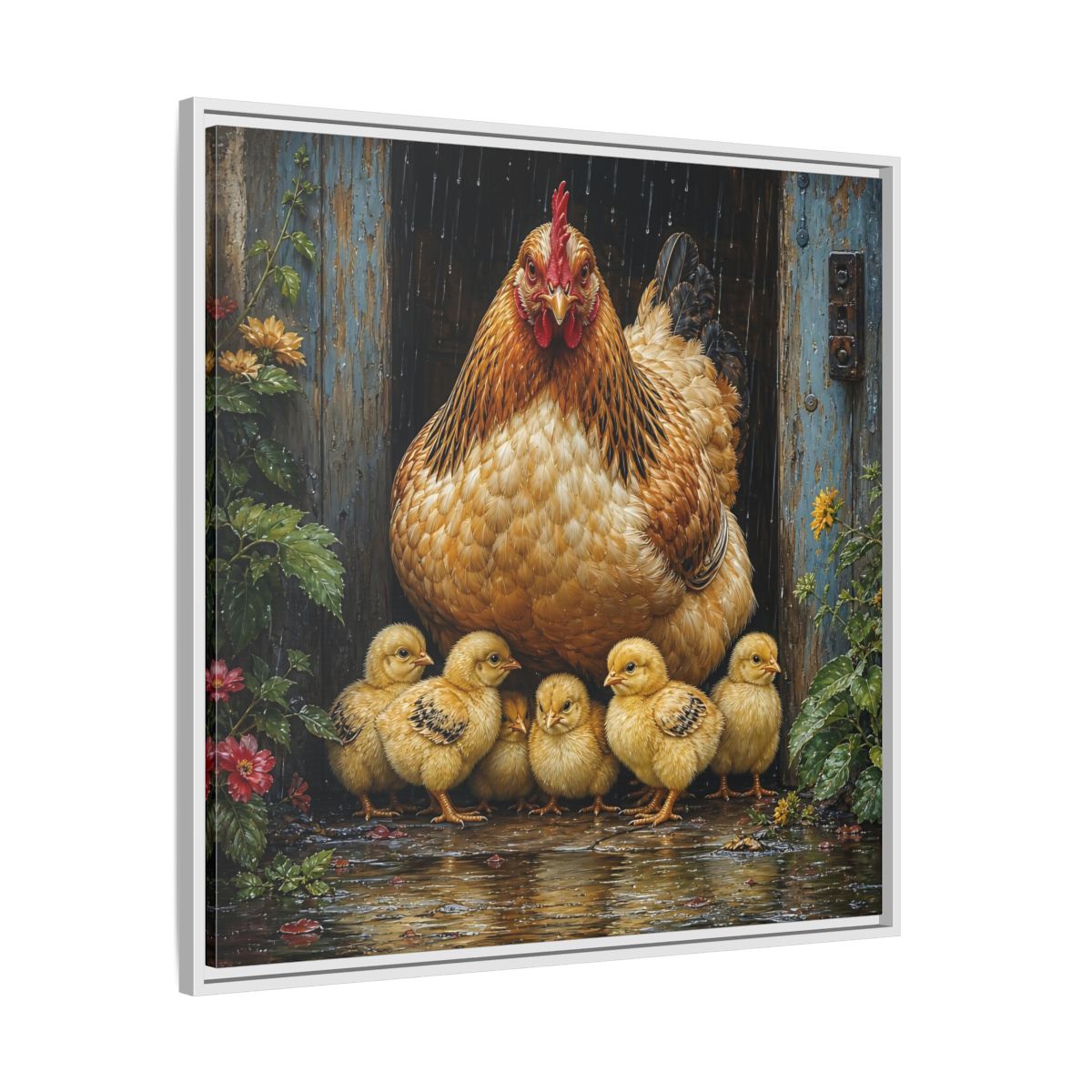 Side Mockup 25. Animals Hen And Chicks Brown And Yellow Chicks shown as stretched canvas wall art