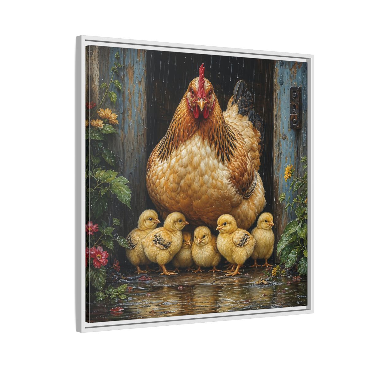 Side Mockup 7. Animals Hen And Chicks Brown And Yellow Chicks shown as stretched canvas wall art