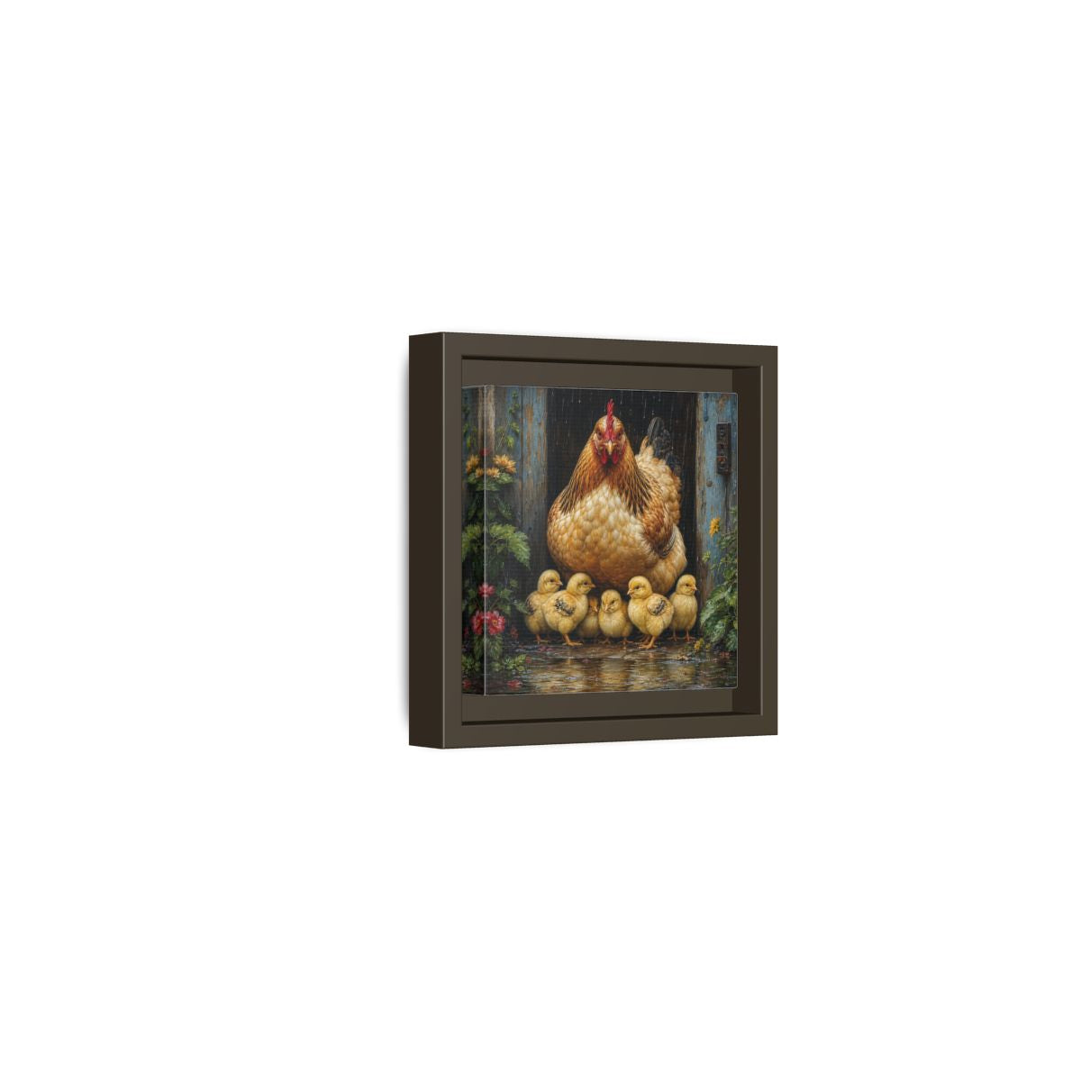 Side Mockup 23. Animals Hen And Chicks Brown And Yellow Chicks shown as stretched canvas wall art