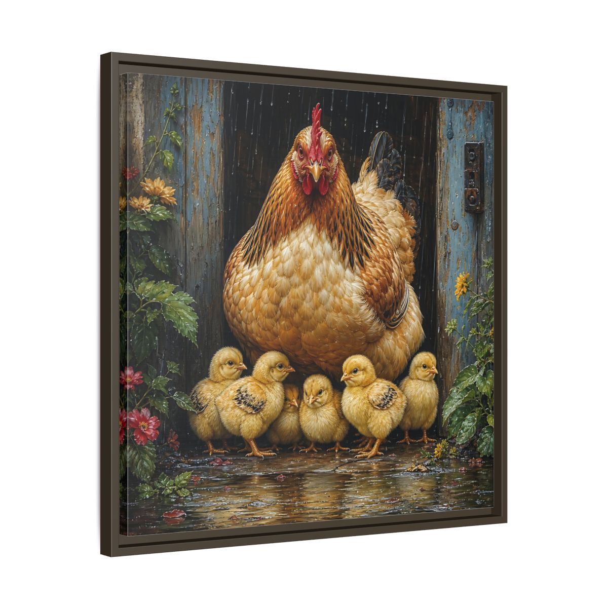 Side Mockup 27. Animals Hen And Chicks Brown And Yellow Chicks shown as stretched canvas wall art