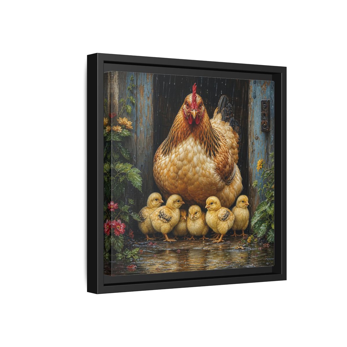 Side Mockup 18. Animals Hen And Chicks Brown And Yellow Chicks shown as stretched canvas wall art
