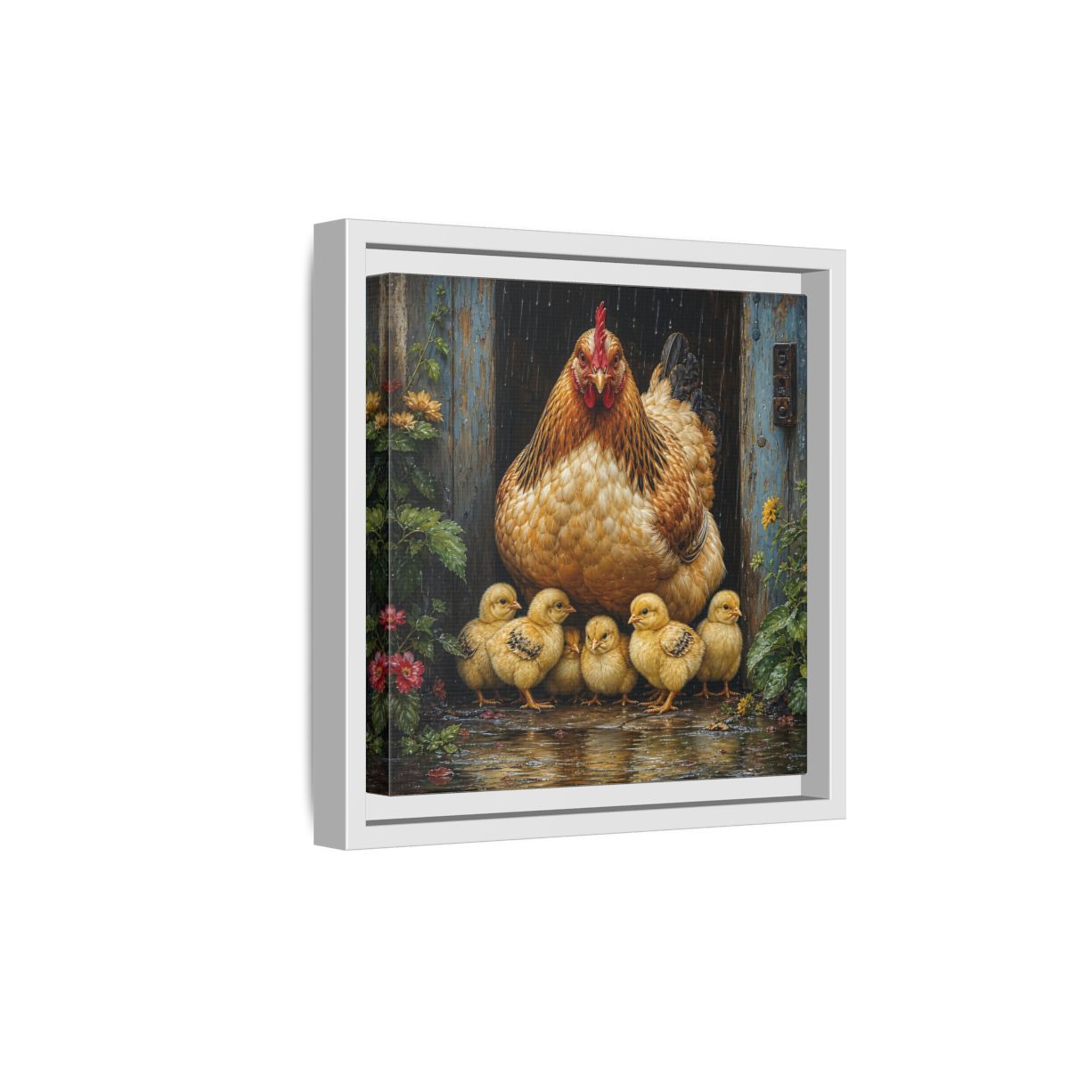 Side Mockup 19. Animals Hen And Chicks Brown And Yellow Chicks shown as stretched canvas wall art