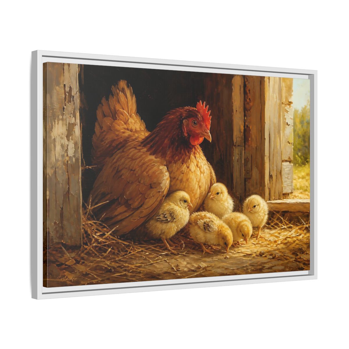 Side Mockup 10. Animals Hen And Chicks Brown And Yellow shown as stretched canvas wall art