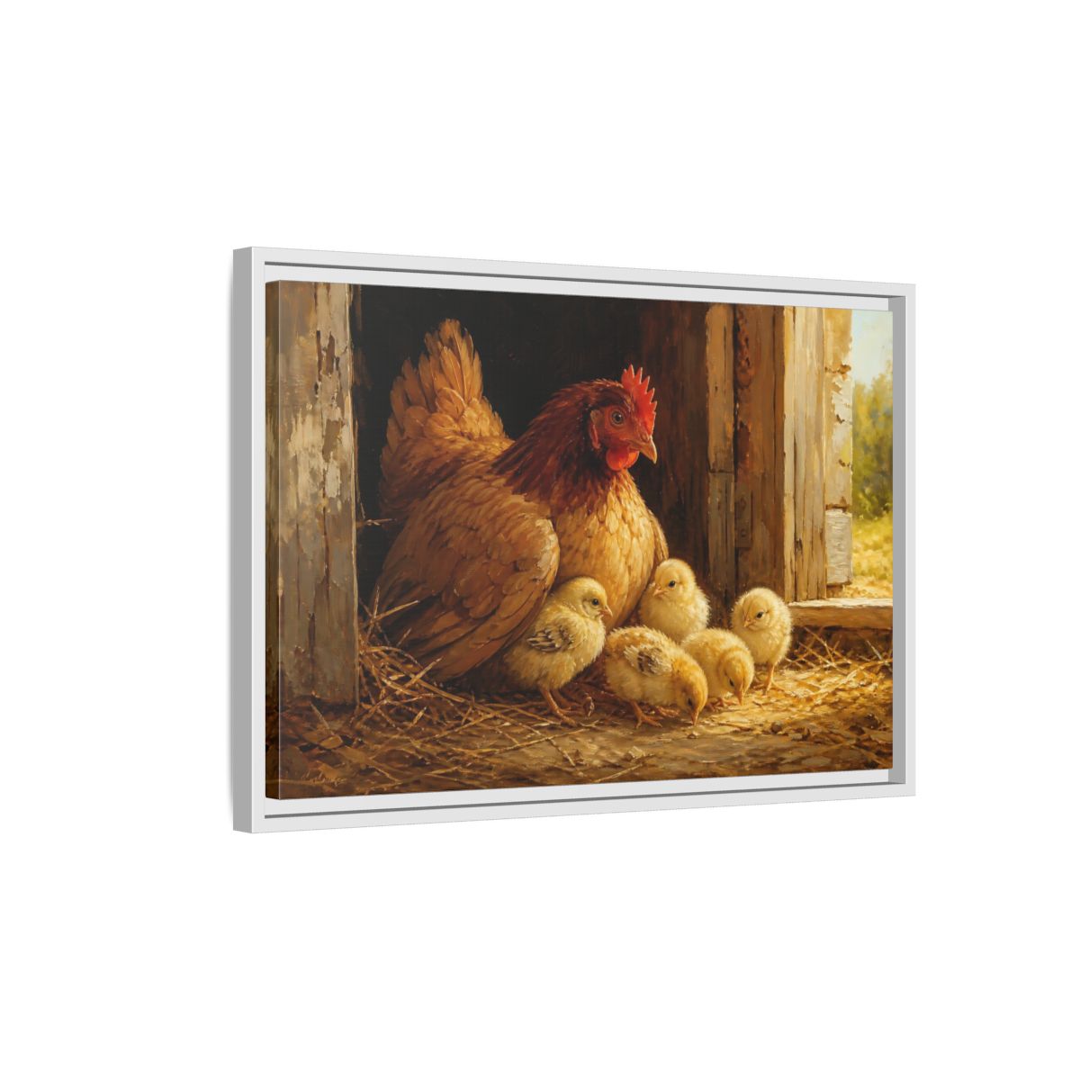Side Mockup 1. Animals Hen And Chicks Brown And Yellow shown as stretched canvas wall art