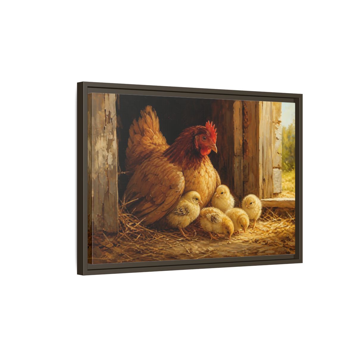 Side Mockup 2. Animals Hen And Chicks Brown And Yellow shown as stretched canvas wall art