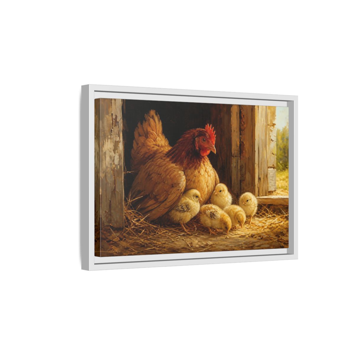 Side Mockup 4. Animals Hen And Chicks Brown And Yellow shown as stretched canvas wall art