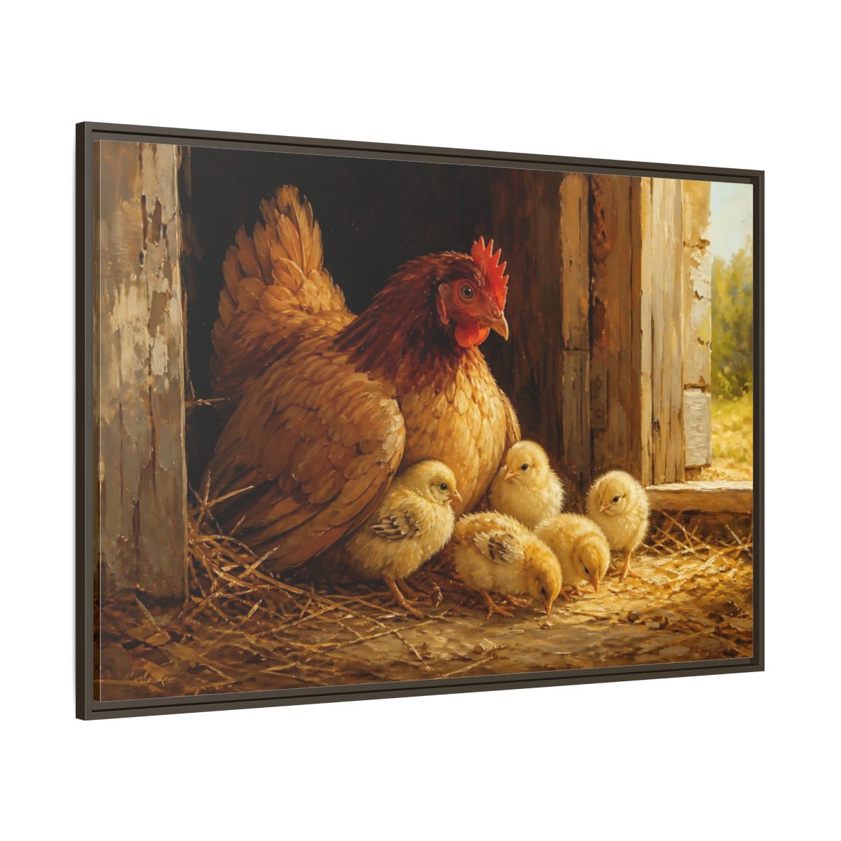 Side Mockup 8. Animals Hen And Chicks Brown And Yellow shown as stretched canvas wall art
