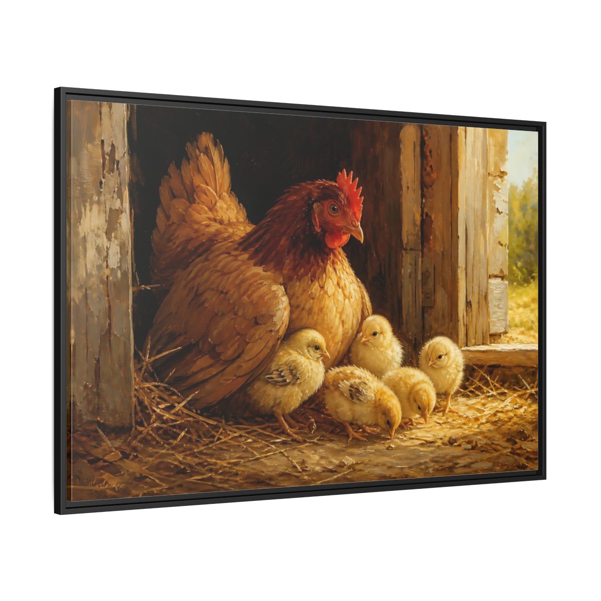 Side Mockup 12. Animals Hen And Chicks Brown And Yellow shown as stretched canvas wall art