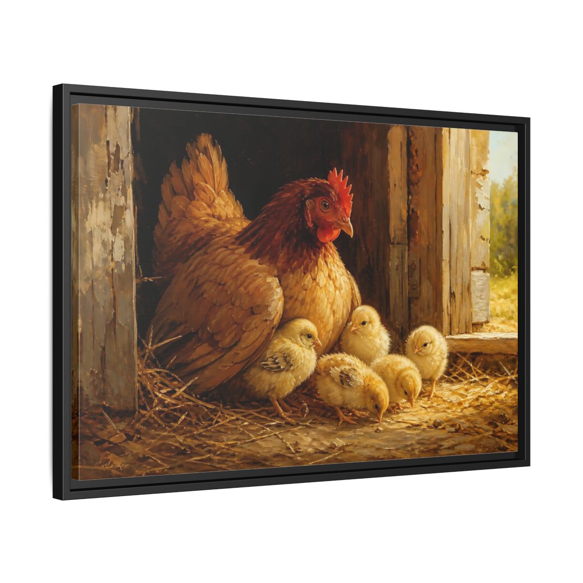 Side Mockup 14. Animals Hen And Chicks Brown And Yellow shown as stretched canvas wall art