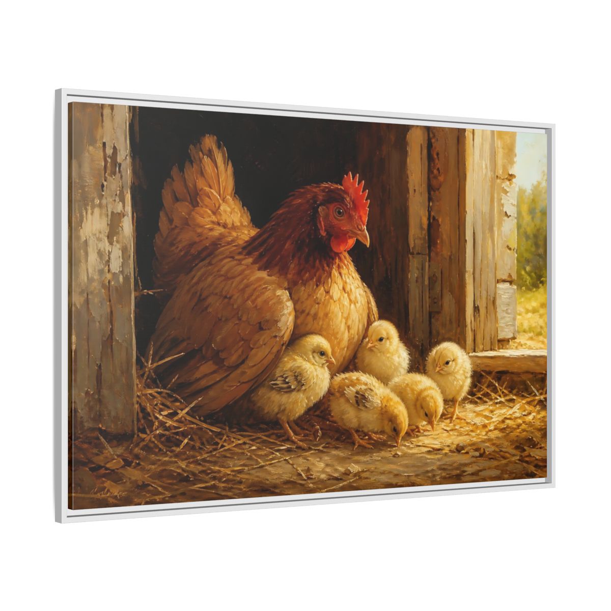 Side Mockup 7. Animals Hen And Chicks Brown And Yellow shown as stretched canvas wall art