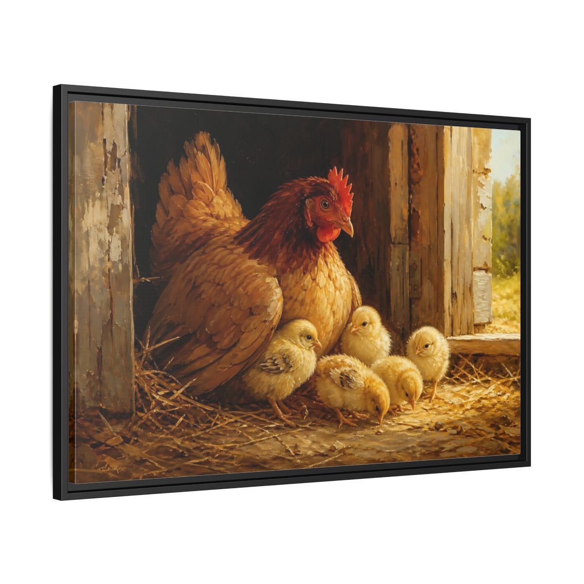 Side Mockup 13. Animals Hen And Chicks Brown And Yellow shown as stretched canvas wall art