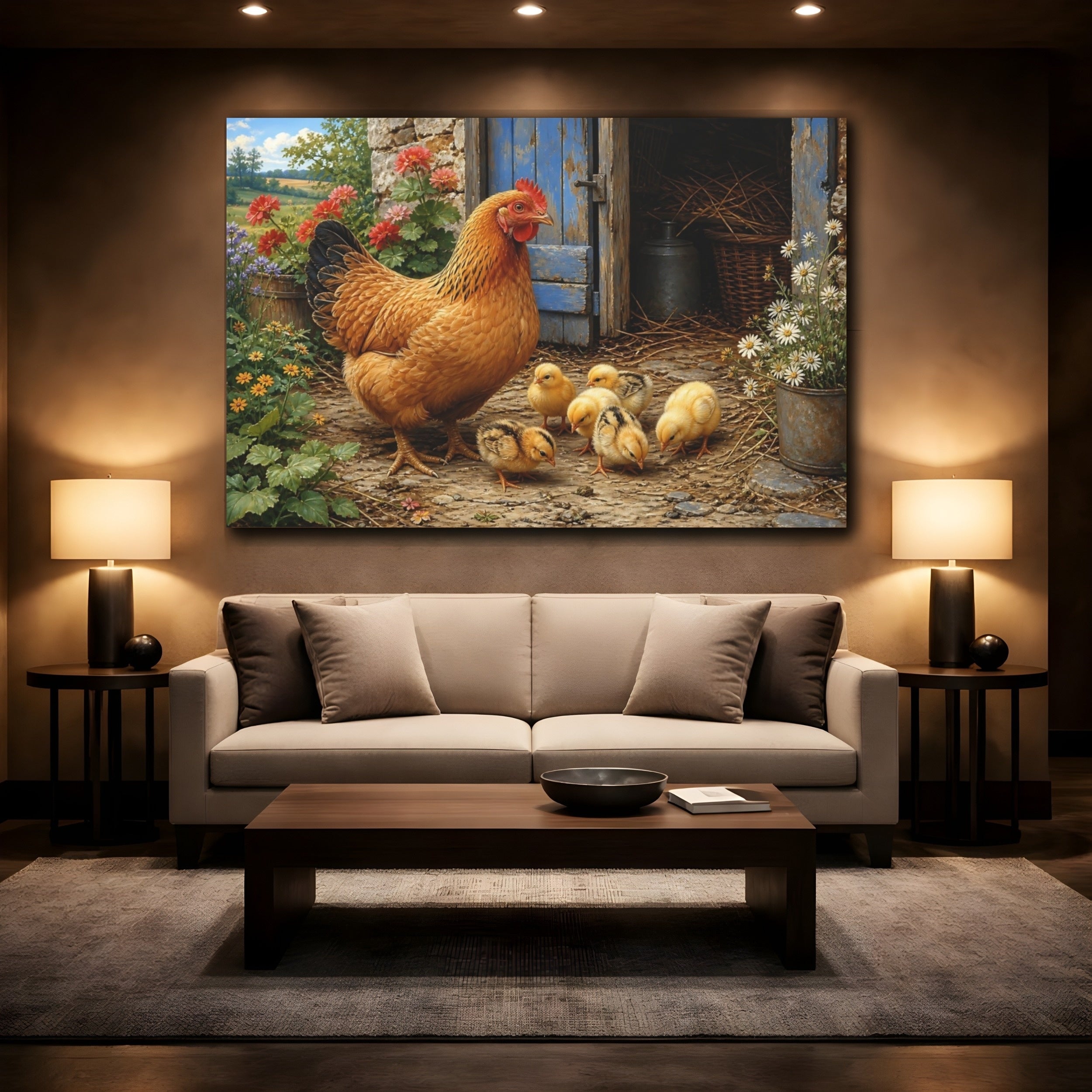 Mockup 2. Animals Hen And Chicks Rustic Farm Animals shown as stretched canvas wall art