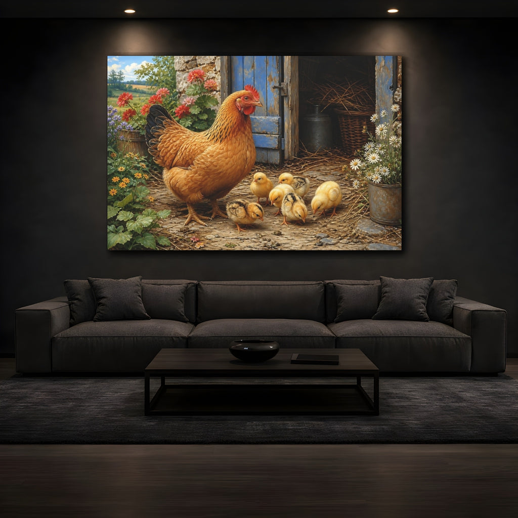 Mockup 3. Animals Hen And Chicks Rustic Farm Animals shown as stretched canvas wall art