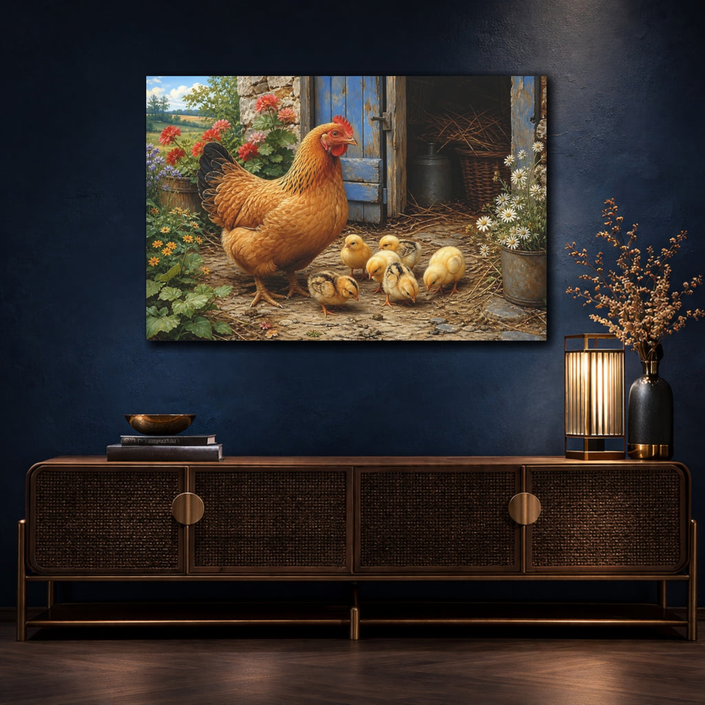 Mockup 4. Animals Hen And Chicks Rustic Farm Animals shown as stretched canvas wall art
